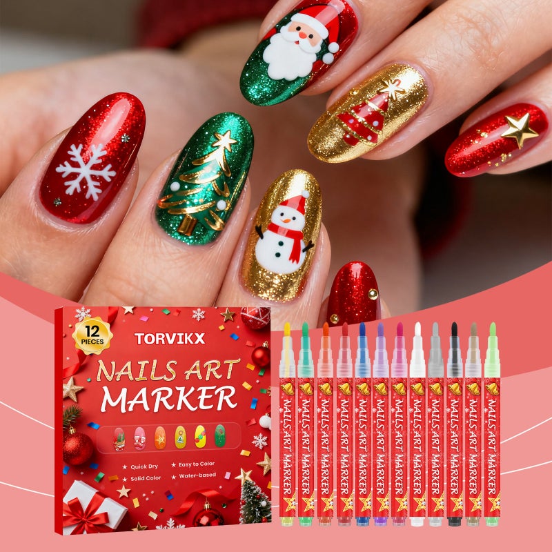 TORVIKX DIY Christmas Nail Art Graffiti Pen - Silk Smooth, Fast-Drying, Vibrant Water-Based Solid Color - Image 1