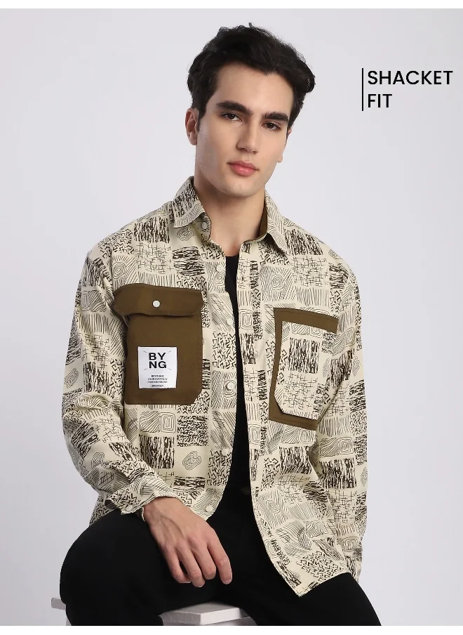 Beyoung Brown Geometric Abstract Printed Overshirt