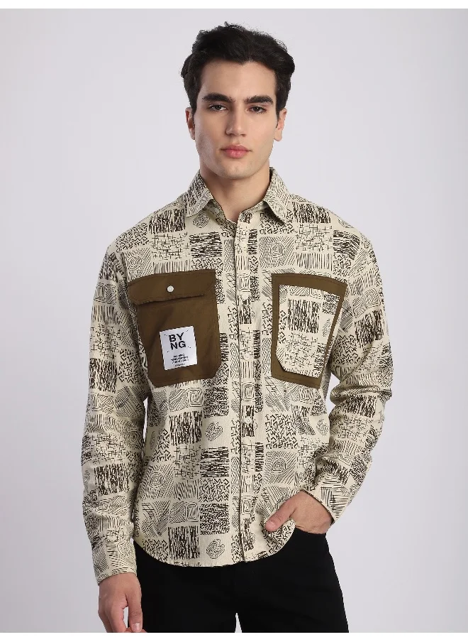 بيونغ Brown Geometric Abstract Printed Overshirt