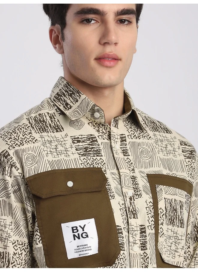 بيونغ Brown Geometric Abstract Printed Overshirt