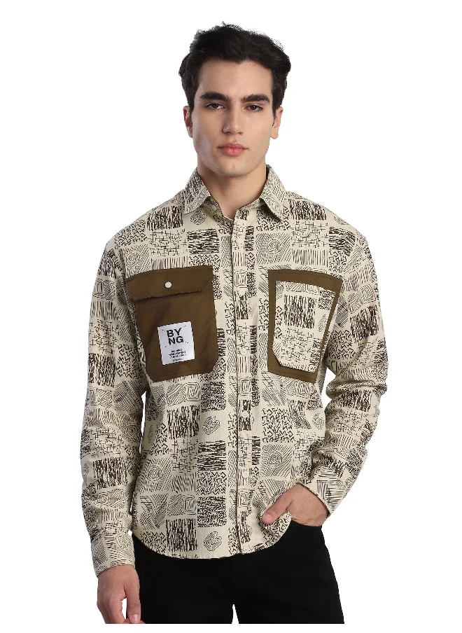 بيونغ Brown Geometric Abstract Printed Overshirt