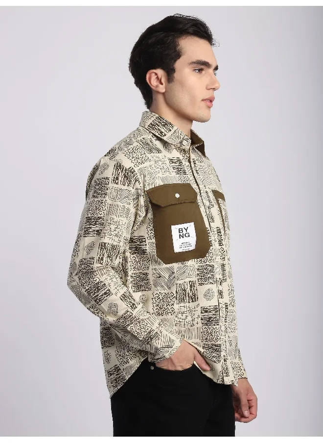 بيونغ Brown Geometric Abstract Printed Overshirt