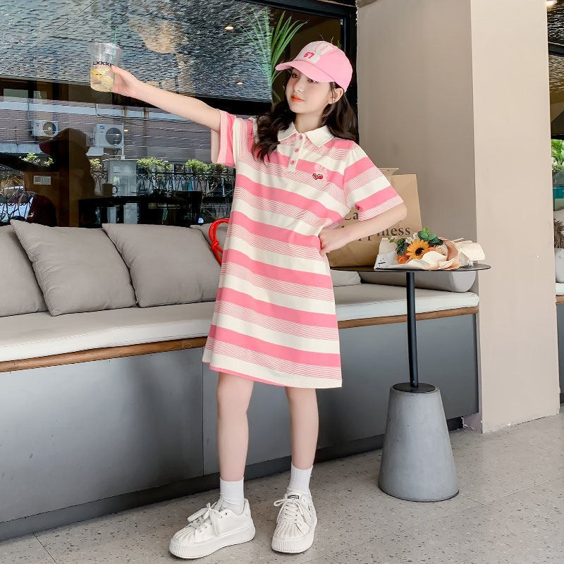 2024 Girls Summer Dress 2024 New Western Style Childrens Wear Long T-Shirt Dress Big Children Childrens Summer Dress Pink 