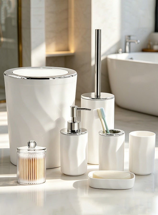 DUNISO 7 Pieces of Bathroom Accessories Set, Household Toiletries Set, Bathroom Storage Set,Sturdy and Durable， with Hand Sanitizer Bottle, Toothbrush Cup, Mouthwash Cup, Soap Box, Toilet Brush, Trash Can, Cotton Swab Box,Suitable for Family and Travel Use - Image 1