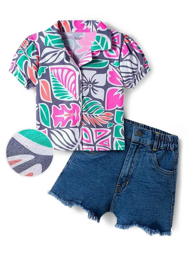 Ollington St. Ollington St. Cotton Knit Short Sleeves Printed Top & Stretchable Denim Shorts Set - Multicolor
