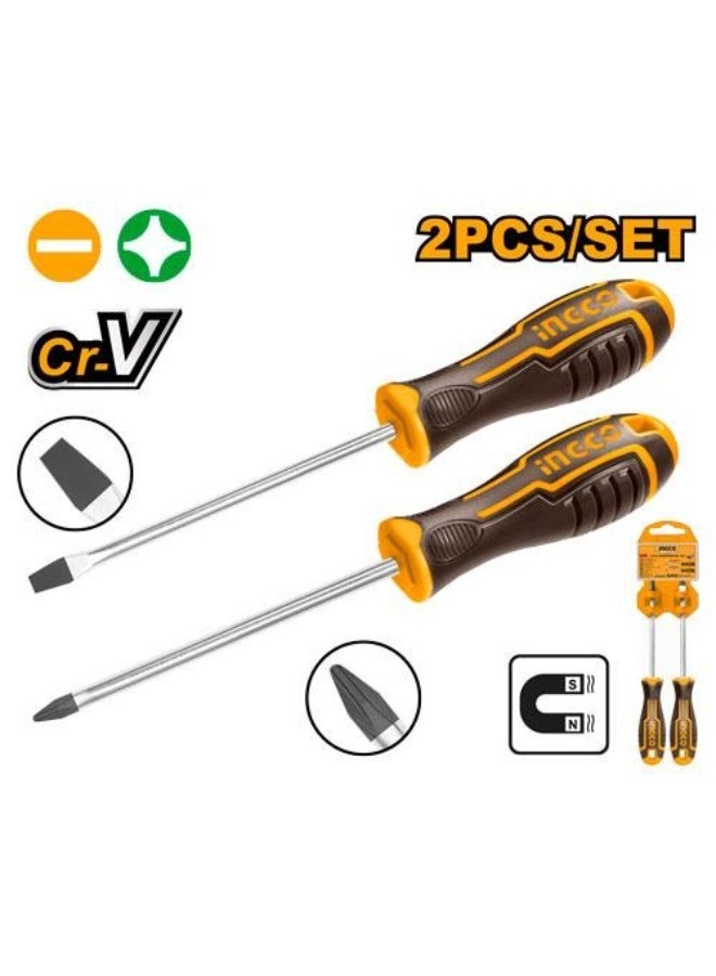 INGCO HKSD0248 Magnetic Screwdriver Set – 2PCS Cr-V Steel Flat & Phillips Drivers with Ergonomic Grip - Image 2