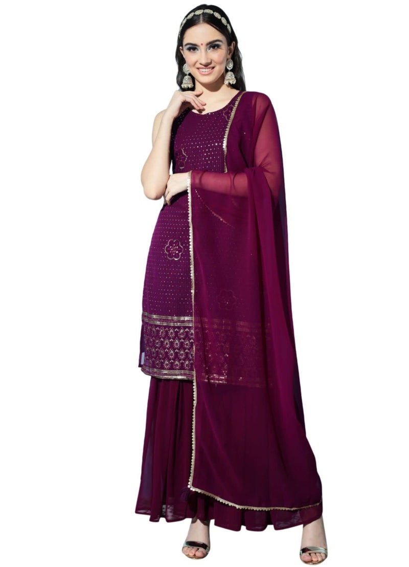 SHOPPING QUEEN Women's Georgette Embroidered Kurta and Sharara Set (A397_Wine_L) - Image 1