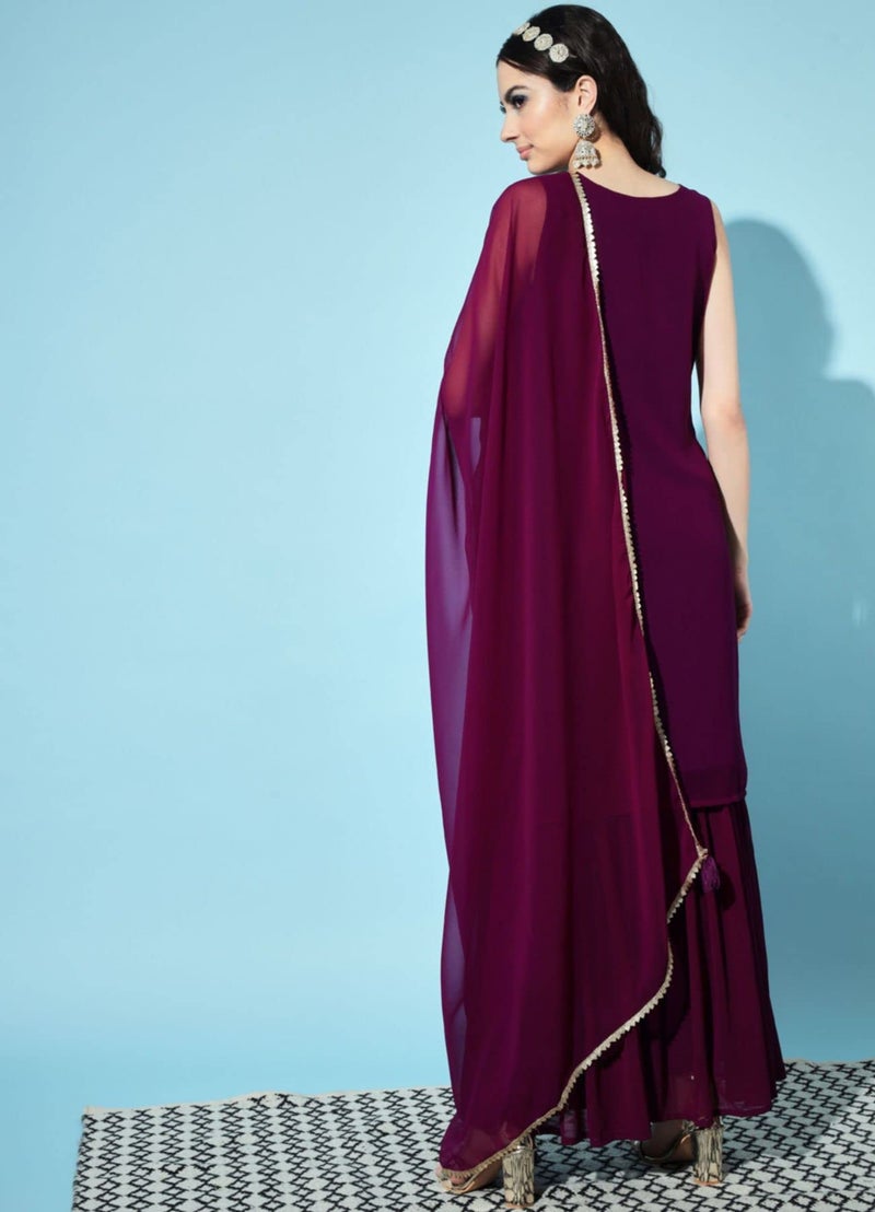 SHOPPING QUEEN Women's Georgette Embroidered Kurta and Sharara Set (A397_Wine_L) - Image 2