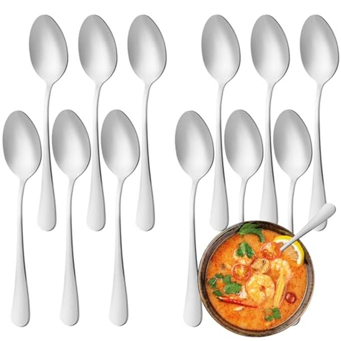12 Pcs Dinner Spoons Set, Food-Grade Stainless Steel Tablespoons, Durable Metal Table Spoon, Cutlery Soup Spoons Silverware for Home, Kitchen or Restaurant, Mirror Polished, Dishwasher Safe - 7 Inch