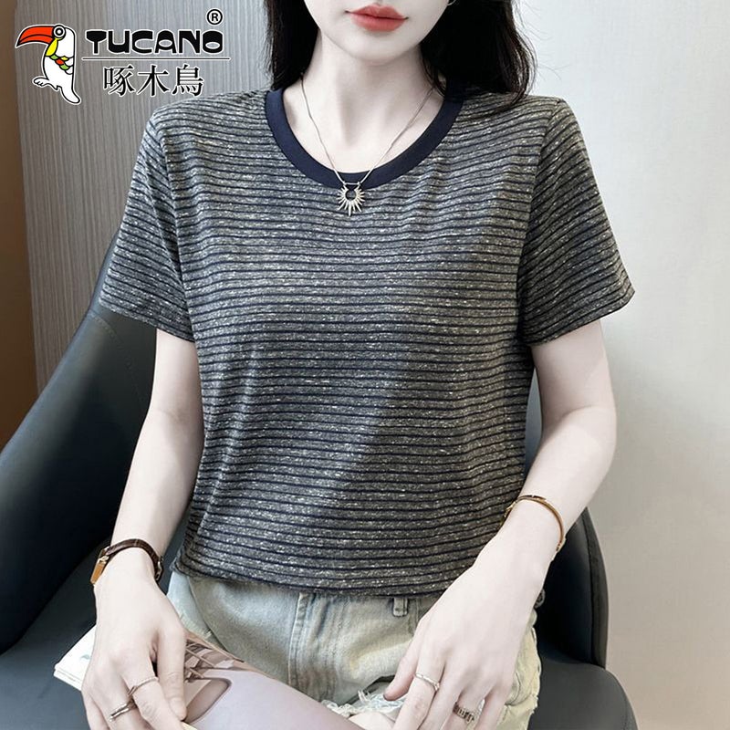 Woodpecker striped short-sleeved T-shirt for women 2025 new summer middle-aged mother loose fashion anti-aging round neck top - Image 1