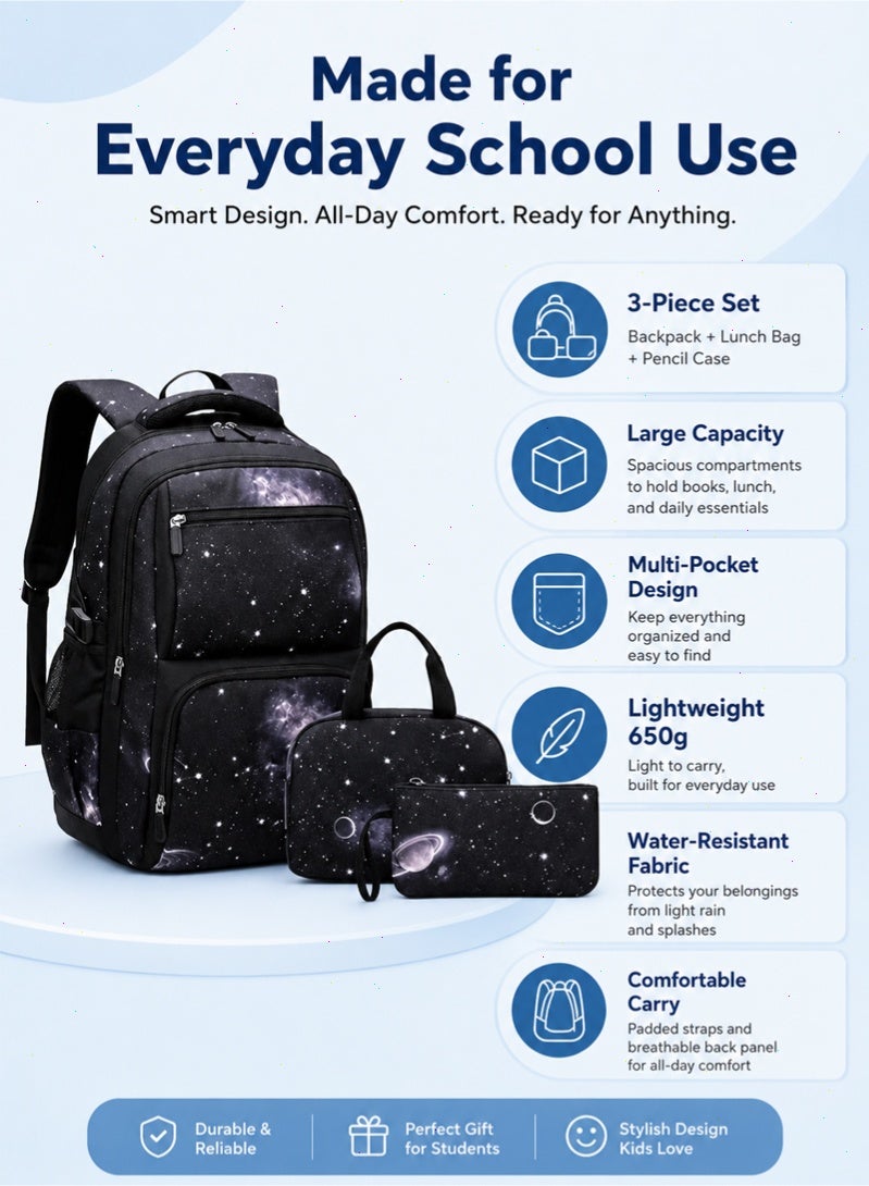 ZIRANYU 3 Piece School Bag Set for Boys, Water Resistant School Backpack with Lunch Bag & Pencil Case, Large Capacity Backpack for Students - Image 4