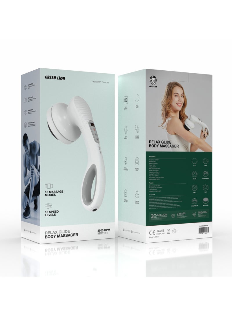 GREEN LION Relax Glide Body Massager with 15 Adjustable Speed Levels / 15 Massage Modes / Variety of Interchangeable Heads / LED Display / Auto Timer / Instant Relief / Round Handle / Low Noise Motor - White - Image 2