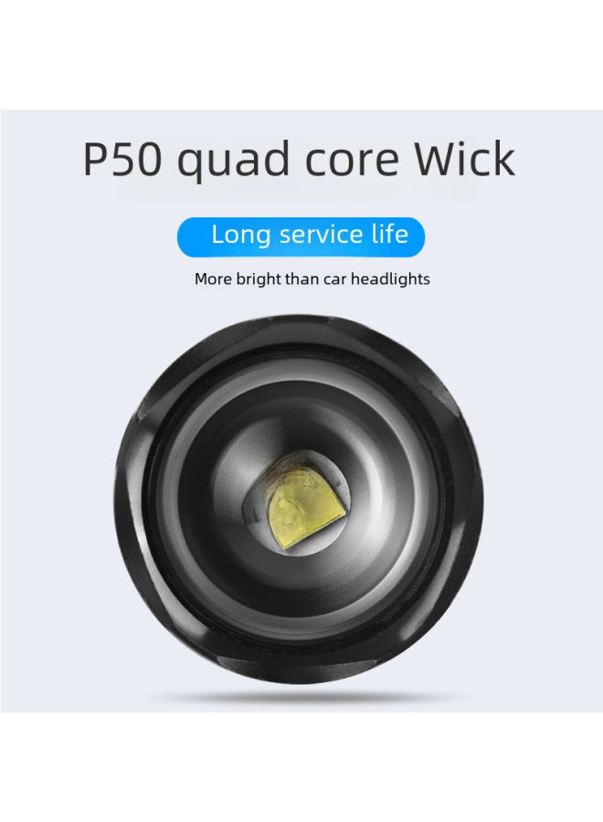 P50 Aluminum Alloy High-power Flashlight 26650 Rechargeable Usb Long-range Outdoor Zoomable Night Fishing Light-Product Specifications:Flashlight 26650 White Boxed USB Cable 18650 Battery - Image 4