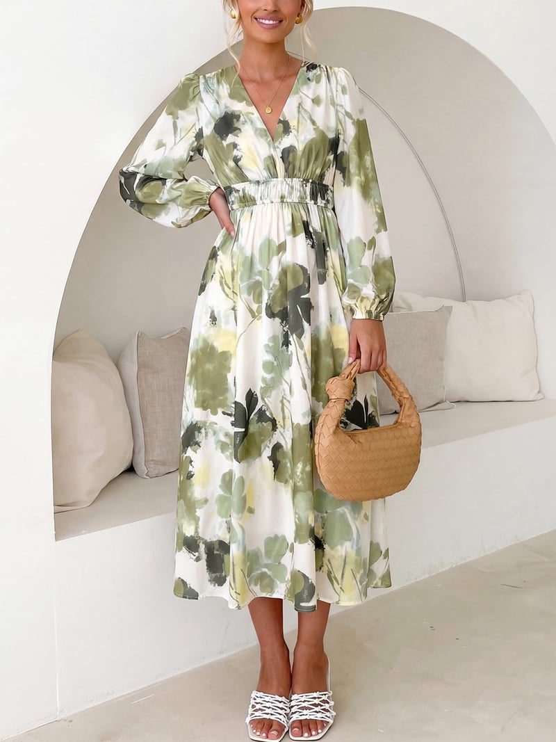 Maxigerui Women's Long Sleeve Floral Maxi Dress 2026 Spring Summer Wedding Guest Dress Green Print M - Image 4