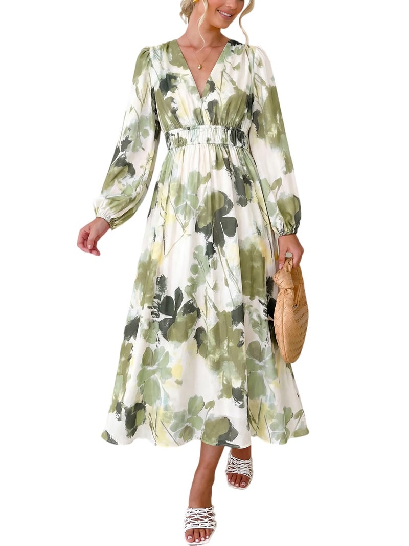 Maxigerui Women's Long Sleeve Floral Maxi Dress 2026 Spring Summer Wedding Guest Dress Green Print M - Image 1