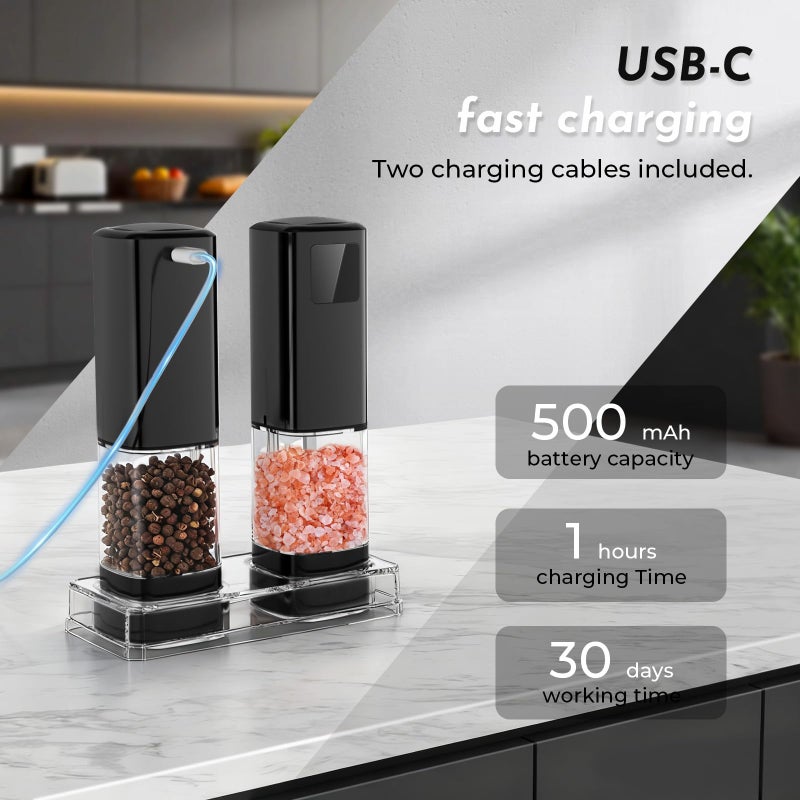 IFONPY Upgraded Larger Capacity Electric Salt and Pepper Grinder Set Rechargeable with Digital Display, Refillable Electric Pepper Grinder Mill Set with Light & Ceramic Core, Adjustable Coarseness - Image 3