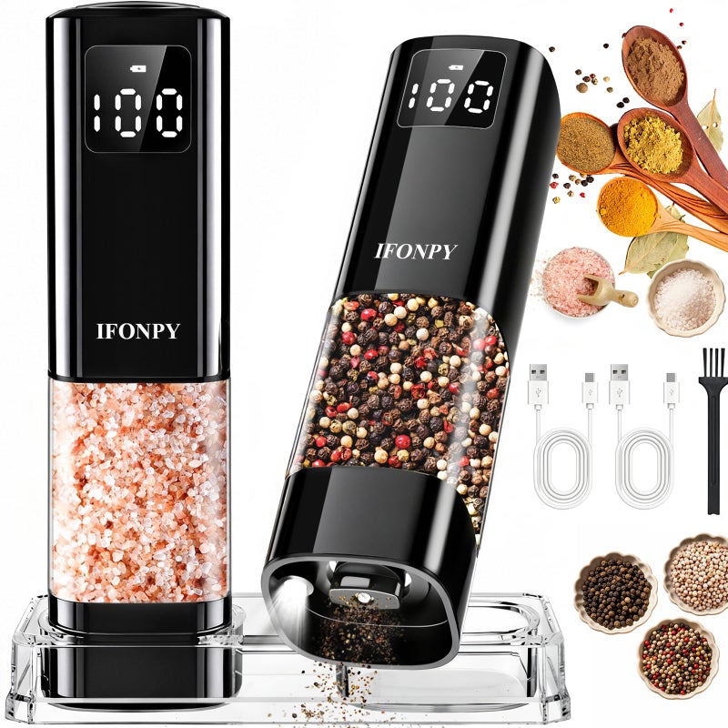 IFONPY Upgraded Larger Capacity Electric Salt and Pepper Grinder Set Rechargeable with Digital Display, Refillable Electric Pepper Grinder Mill Set with Light & Ceramic Core, Adjustable Coarseness - Image 1