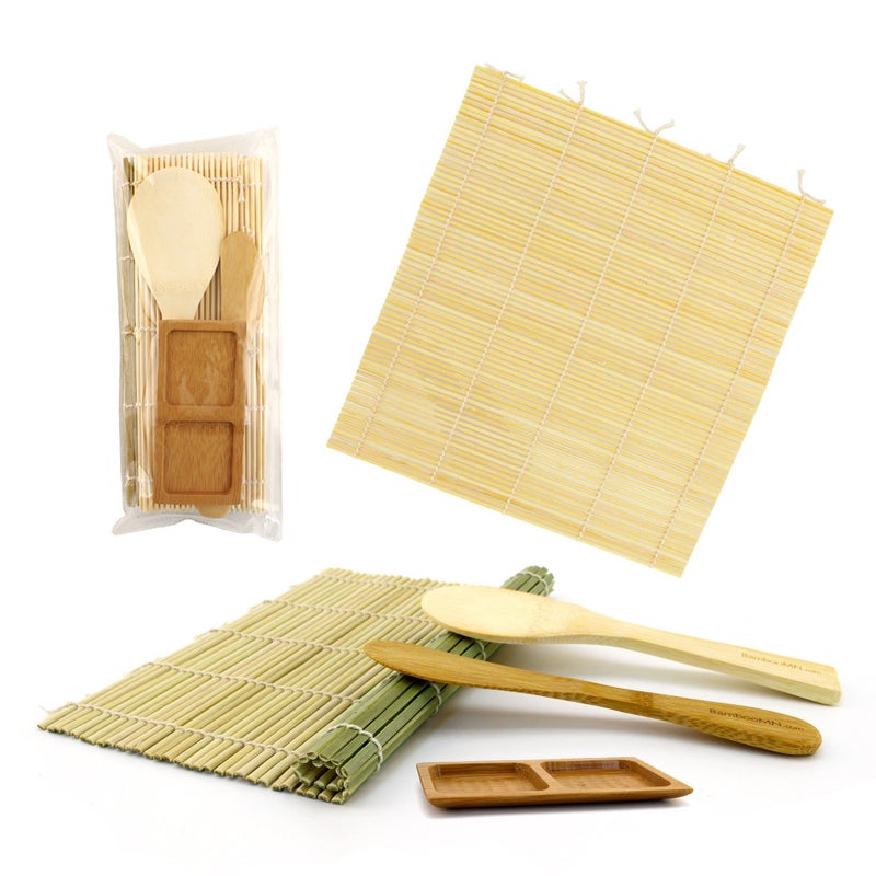 BambooMN Sushi Mat Kit Green Natural Rolling Mat Rice Paddle Spreader Sauce Dish