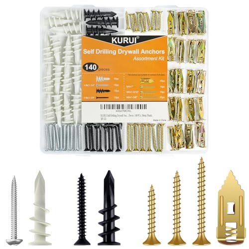 KURUI Self Drilling Drywall Anchors Assortment Kit 140Pcs, 30 Sets Heavy Duty Plastic Expansion Anchor and 40 Sets Drywall Grip Anchors and Screws, for Hanging Wall Decor,Picture Frames,Shelves - Image 1