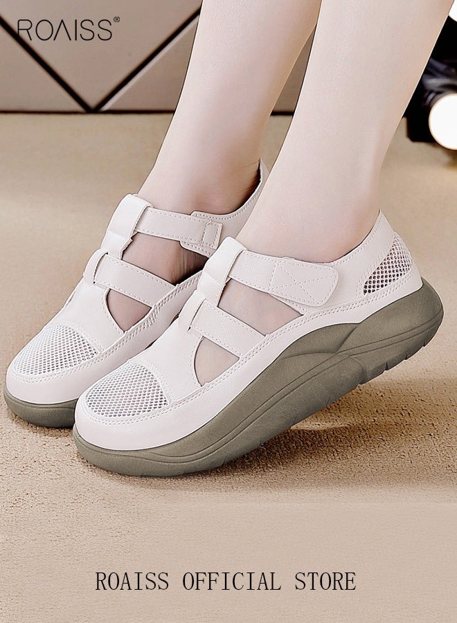 رويس أحذية نسائية مسطحة مريحة، تسمح بمرور الهواء، ذات تصميم مفتوح من الأمام، مزودة بشريط لاصق، صنادل أنيقة، مقاومة للانزلاق والتآكل، خفيفة الوزن، مناسبة للارتداء اليومي، لون بيج. - Image 1