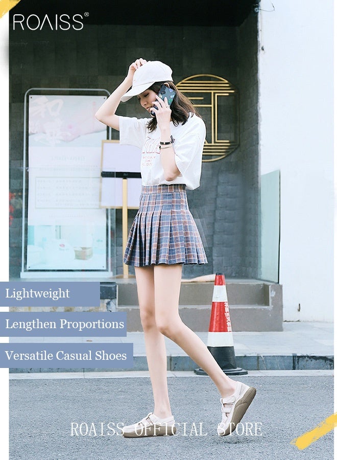 رويس أحذية نسائية مسطحة مريحة، تسمح بمرور الهواء، ذات تصميم مفتوح من الأمام، مزودة بشريط لاصق، صنادل أنيقة، مقاومة للانزلاق والتآكل، خفيفة الوزن، مناسبة للارتداء اليومي، لون بيج. - Image 3