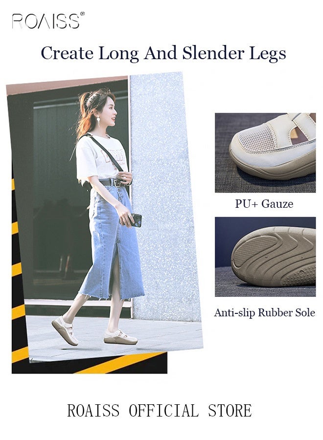 رويس أحذية نسائية مسطحة مريحة، تسمح بمرور الهواء، ذات تصميم مفتوح من الأمام، مزودة بشريط لاصق، صنادل أنيقة، مقاومة للانزلاق والتآكل، خفيفة الوزن، مناسبة للارتداء اليومي، لون بيج. - Image 4