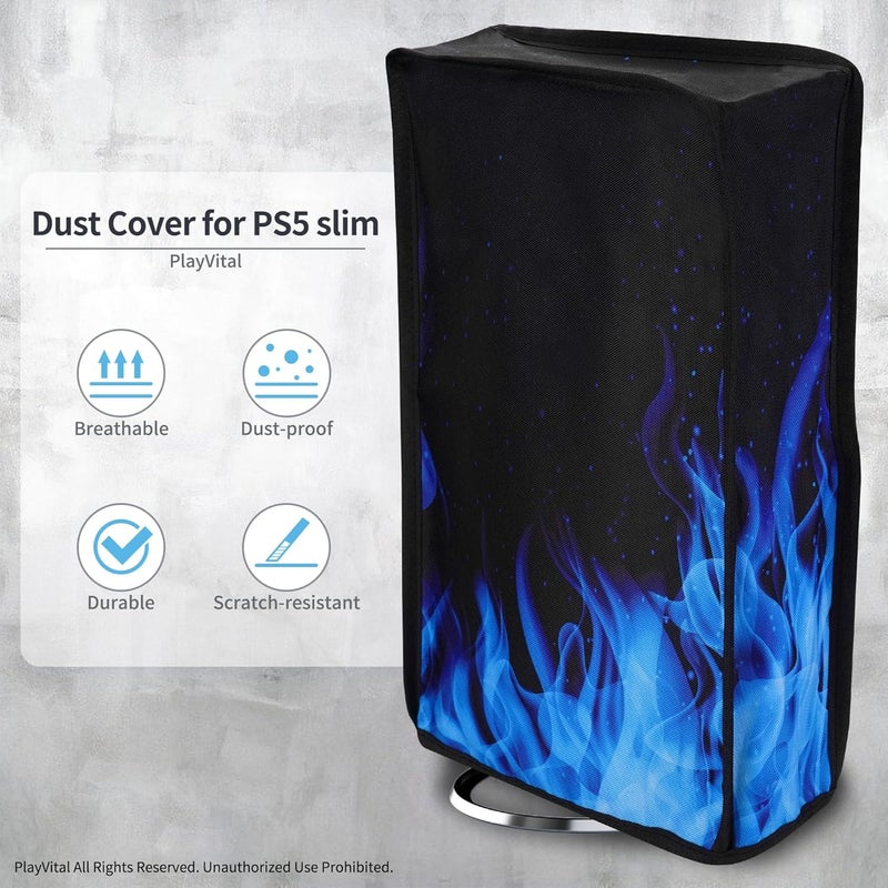غطاء غبار عمودي من لإصدار PS5 Slim مع مشغل الأقراص (التصميم الأصغر الجديد)، واقي نايلون مقاوم للغبار وغلاف مقاوم للماء لوحدة PS5 Slim - لهب أزرق - Image 4