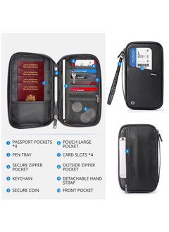 Passport Holder Travel Wallet, RFID Blocking Travel Document Holder Organiser Waterproof Family Passport Wallet for Women Men for ID Card Credit Cards Flight Tickets Money Coins Phone-Black