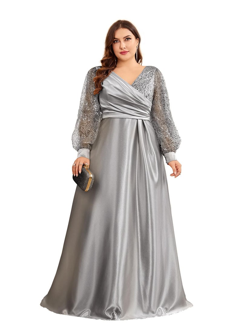 XUIBOL Plus Size Women's Sequin Patchwork Long Sleeve Evening Party Dress Grey 12 - Image 1