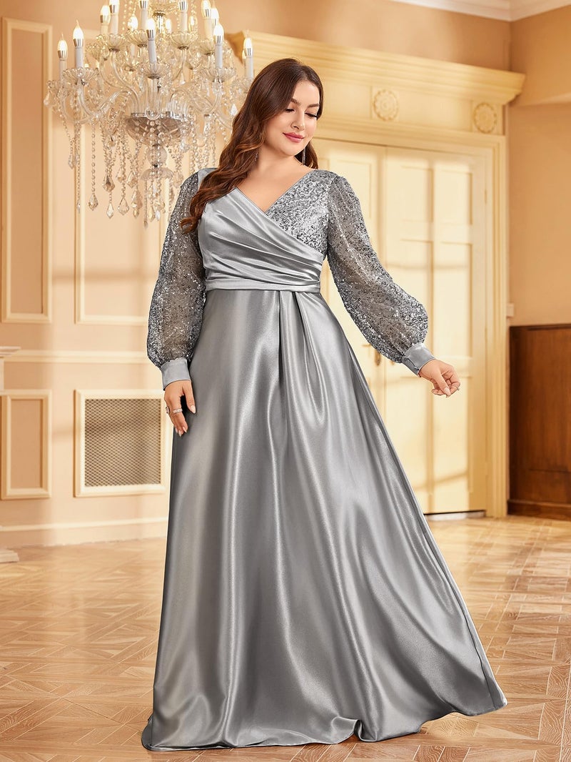 XUIBOL Plus Size Women's Sequin Patchwork Long Sleeve Evening Party Dress Grey 12 - Image 5