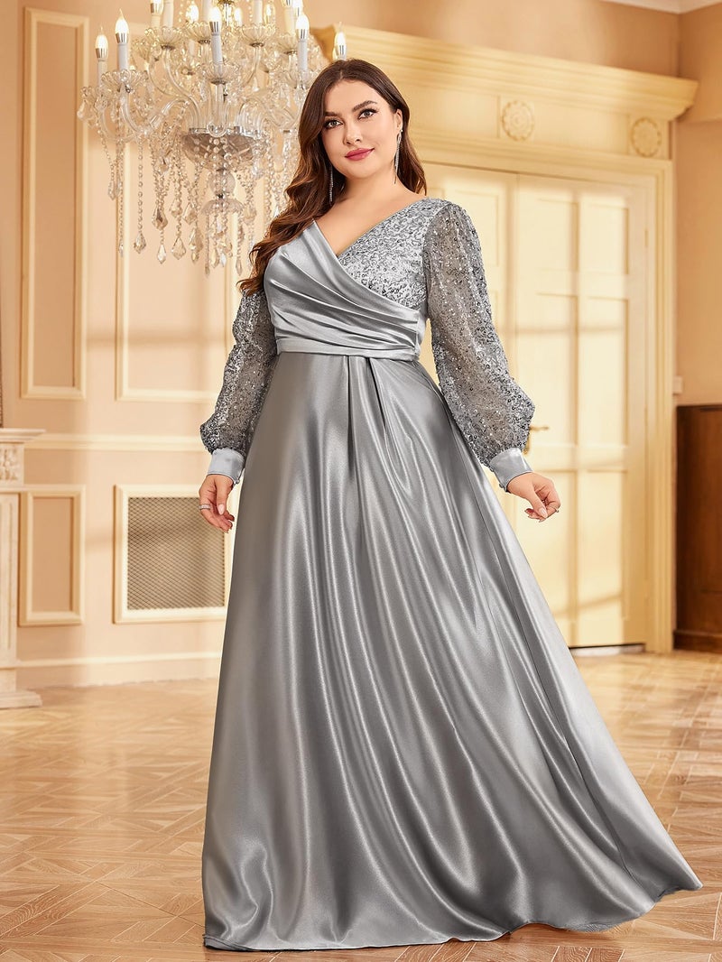 XUIBOL Plus Size Women's Sequin Patchwork Long Sleeve Evening Party Dress Grey 12 - Image 4