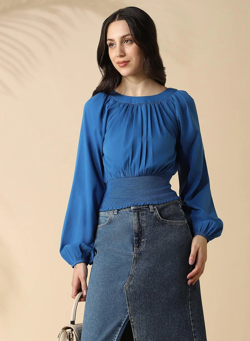 Dennis Lingo Women's Classic Blue Poly Crepe Solid T-Shirt Regular Fit Tops