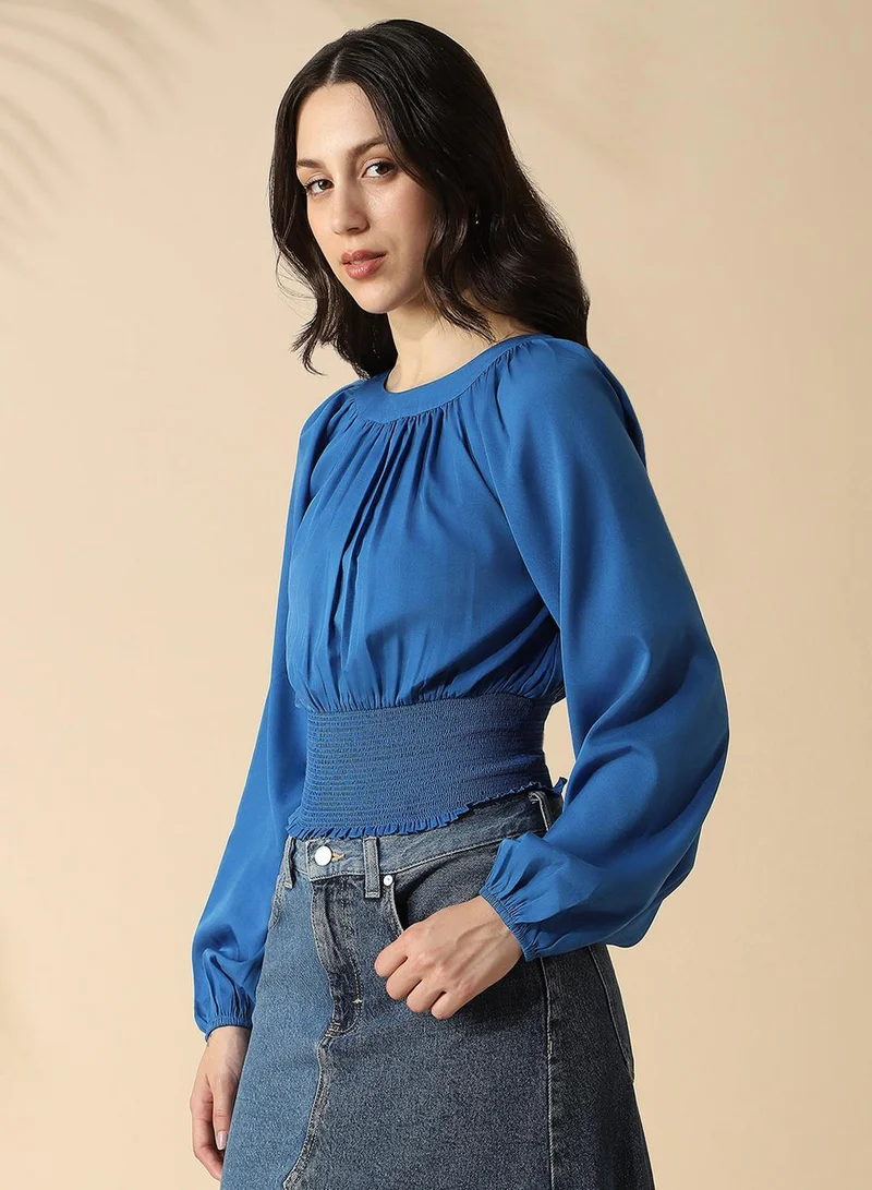 Dennis Lingo Women's Classic Blue Poly Crepe Solid T-Shirt Regular Fit Tops