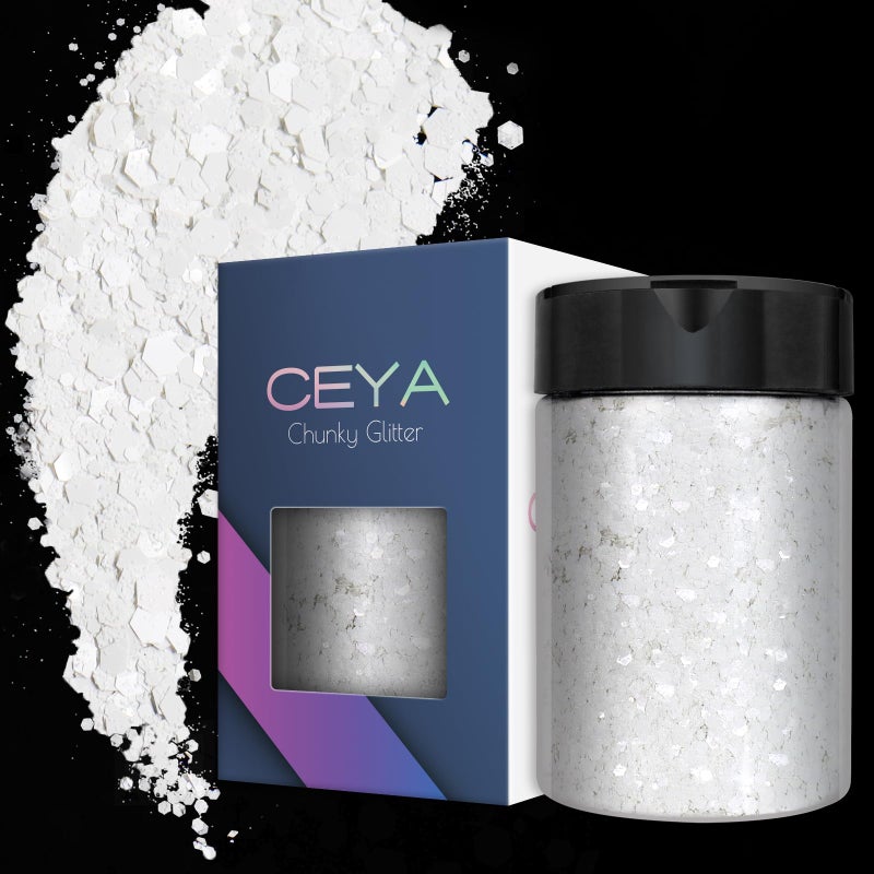 Ceya Chunky Glitter 49oz 140g Pearl White Craft Christmas Glitter Powder Mixed Fine Flakes Iridescent Nail Sequins for Nail Art Hair Epoxy Resin Tumblers Slime Painting Festival Decor