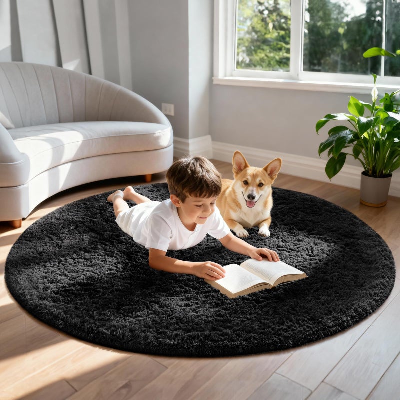Ophanie Round Rug 6Ft Black Circle Area Rug, Room Decor for Men, Fluffy Fuzzy Bedroom Carpet, Plush Soft Shaggy Living Room Rugs for Kids Home Decor Aesthetic, Nursery - Image 3