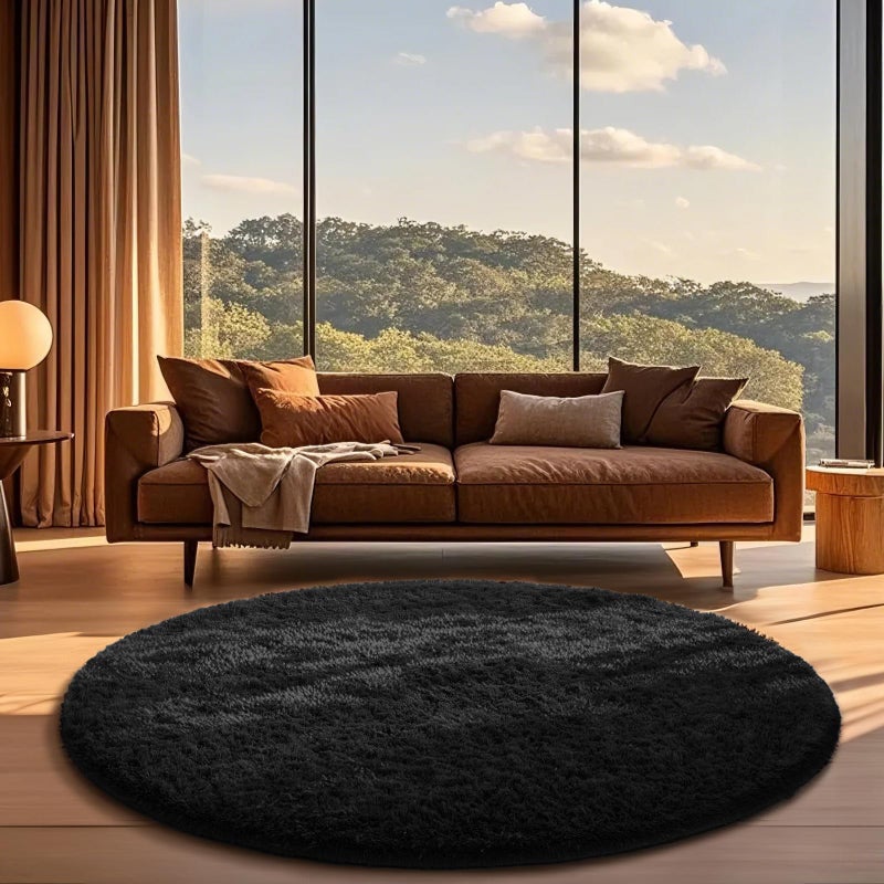 Ophanie Round Rug 6Ft Black Circle Area Rug, Room Decor for Men, Fluffy Fuzzy Bedroom Carpet, Plush Soft Shaggy Living Room Rugs for Kids Home Decor Aesthetic, Nursery - Image 1