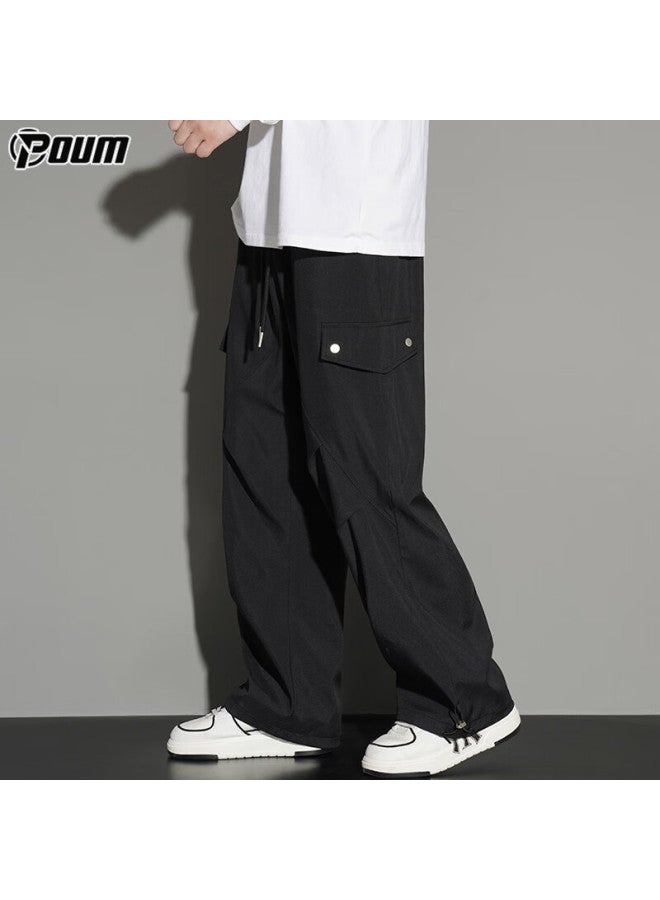 Poum American-style Straight-leg Cargo Pants For Men, Spring And Summer Trendy Loose-fit Athletic Quick-dry Wide-leg Trousers Ym15 Black XL - Image 1