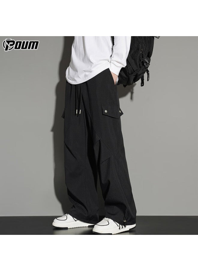 Poum American-style Straight-leg Cargo Pants For Men, Spring And Summer Trendy Loose-fit Athletic Quick-dry Wide-leg Trousers Ym15 Black XL - Image 4