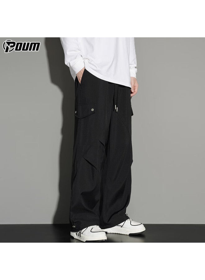 Poum American-style Straight-leg Cargo Pants For Men, Spring And Summer Trendy Loose-fit Athletic Quick-dry Wide-leg Trousers Ym15 Black XL - Image 2