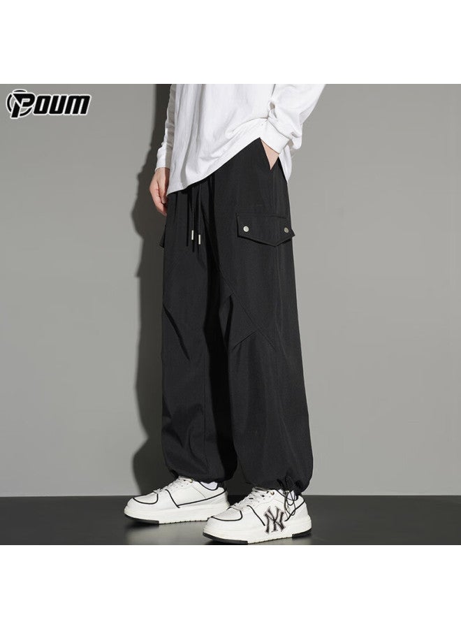 Poum American-style Straight-leg Cargo Pants For Men, Spring And Summer Trendy Loose-fit Athletic Quick-dry Wide-leg Trousers Ym15 Black XL - Image 3