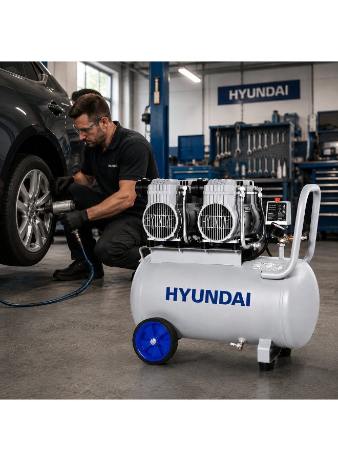 هيونداي كمبروسر هواء كهربائي 2600 واط سعة 50 لتر بدون زيت هادئ 120 PSI بتدفق هواء 216 لتر/دقيقة للاستخدام الصناعي وورش العمل 220-240 فولت هيونداي HP-2655 - Image 4