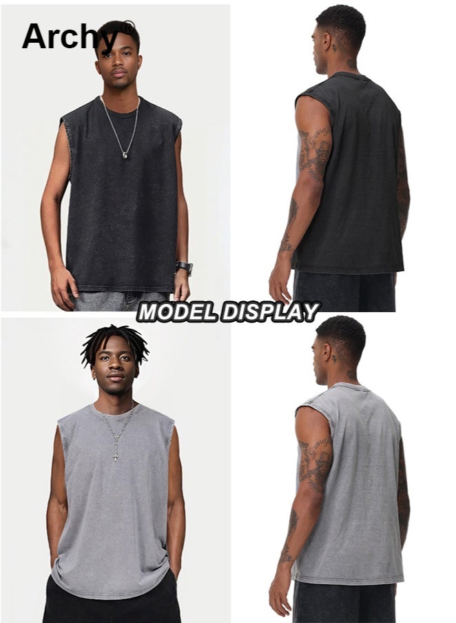 Archy 2-Pcs Mens Sleeveless T-Shirt Muscle Tee Vest Tank Tops Pullover Fashion Casual Tanks Men's Heavyweight Cotton Washed Tank Top - Retro American Style, Dropped Shoulder, Solid Color Sleeveless Tee | Vintage Distressed Design - Image 2