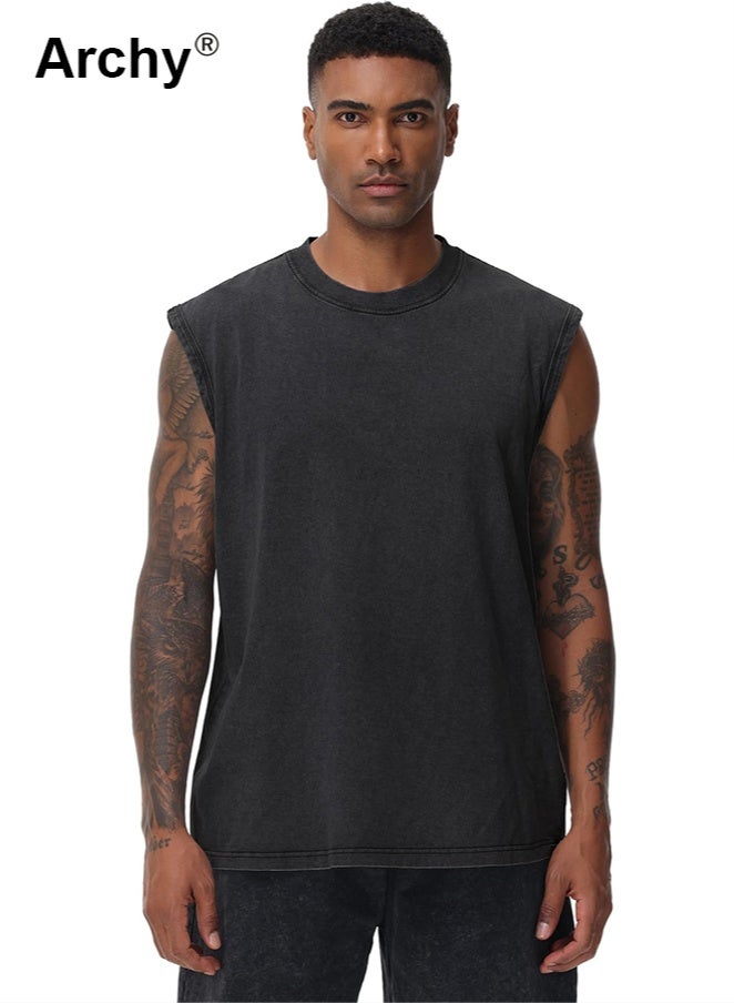 Archy 2-Pcs Mens Sleeveless T-Shirt Muscle Tee Vest Tank Tops Pullover Fashion Casual Tanks Men's Heavyweight Cotton Washed Tank Top - Retro American Style, Dropped Shoulder, Solid Color Sleeveless Tee | Vintage Distressed Design - Image 3