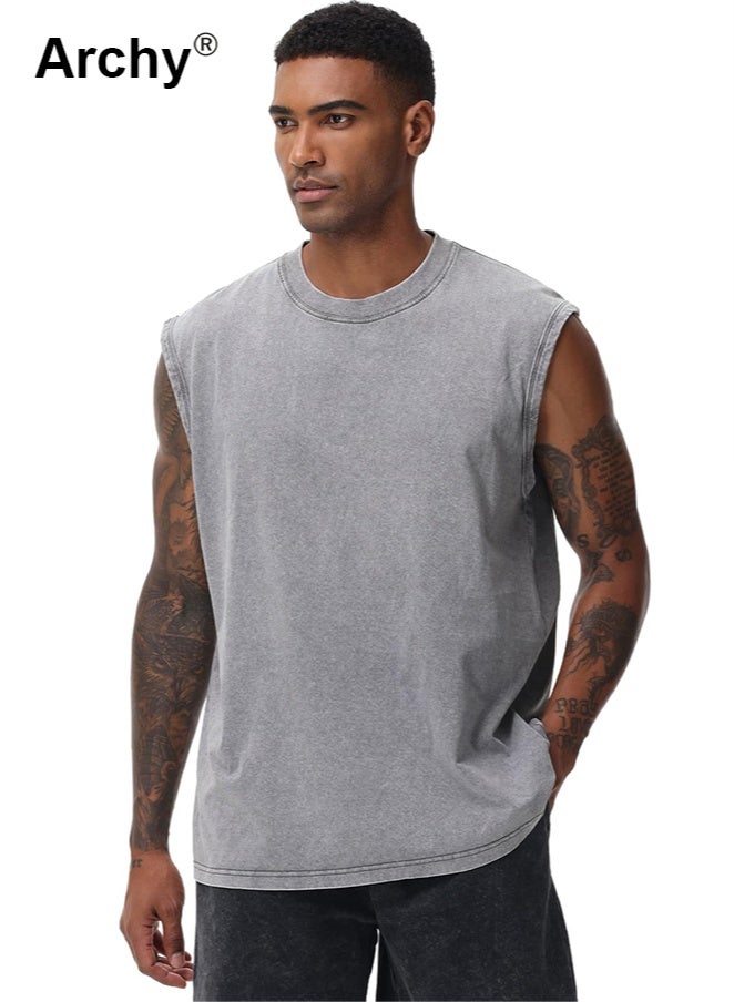 Archy 2-Pcs Mens Sleeveless T-Shirt Muscle Tee Vest Tank Tops Pullover Fashion Casual Tanks Men's Heavyweight Cotton Washed Tank Top - Retro American Style, Dropped Shoulder, Solid Color Sleeveless Tee | Vintage Distressed Design - Image 5