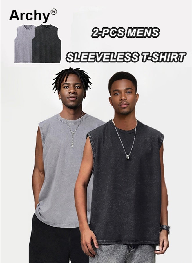 Archy 2-Pcs Mens Sleeveless T-Shirt Muscle Tee Vest Tank Tops Pullover Fashion Casual Tanks Men's Heavyweight Cotton Washed Tank Top - Retro American Style, Dropped Shoulder, Solid Color Sleeveless Tee | Vintage Distressed Design - Image 1