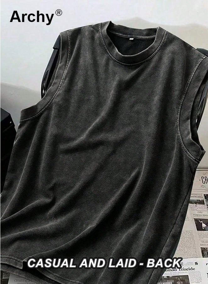 Archy 2-Pcs Mens Sleeveless T-Shirt Muscle Tee Vest Tank Tops Pullover Fashion Casual Tanks Men's Heavyweight Cotton Washed Tank Top - Retro American Style, Dropped Shoulder, Solid Color Sleeveless Tee | Vintage Distressed Design - Image 4