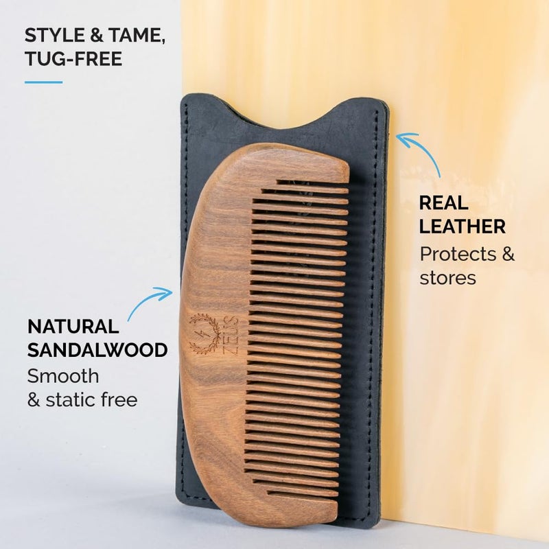 ZEUS Sandalwood Beard Comb for Men, Natural Wooden Comb with Leather Sheath, Travel-Friendly & Anti-Static Grooming Tool (S31) - Image 2