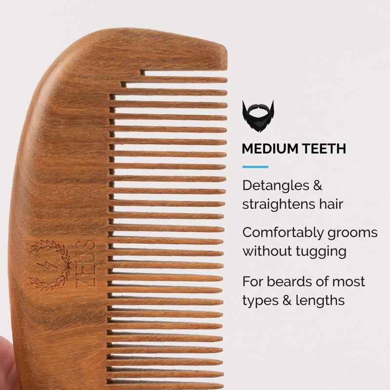 ZEUS Sandalwood Beard Comb for Men, Natural Wooden Comb with Leather Sheath, Travel-Friendly & Anti-Static Grooming Tool (S31) - Image 4