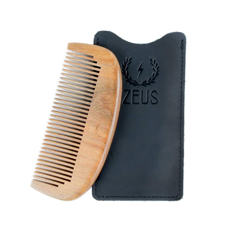 ZEUS Sandalwood Beard Comb for Men, Natural Wooden Comb with Leather Sheath, Travel-Friendly & Anti-Static Grooming Tool (S31) - Image 1