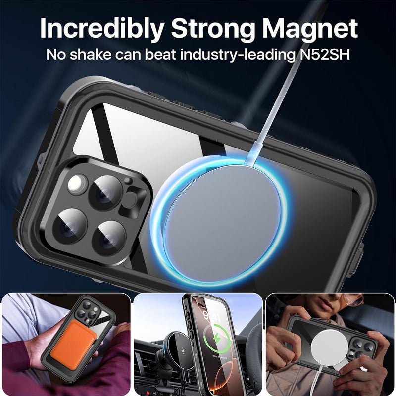 ايه اي كيس حافظة AICase المقاومة للماء المتوافقة مع iPhone 16 Pro Max مع MagSafe، مقاومة للثلج والغبار والص��مات، حاصلة على شهادة IP68، حماية كاملة للجسم، غطاء مغلق تمامًا تحت الماء - أسود - Image 5